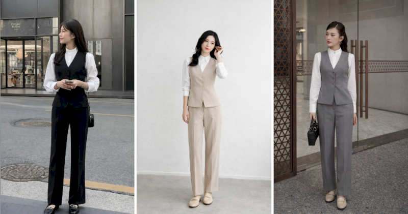 Sơ mi cổ đứng trắng phối gile và quần tây ống suông tối giản